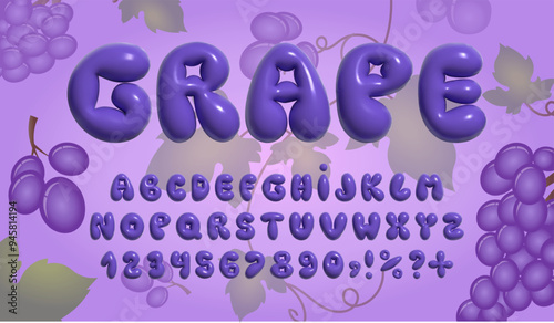 Bubble font. 3d bouncy succulent font in purple color, on background with grapes. Bright tasty English alphabet in trendy style 2000s or y2k