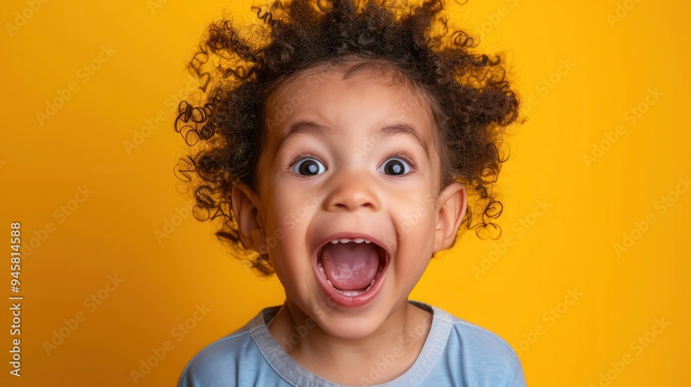A cheerful child with curly hair smiles widely, showcasing pure joy against a vibrant yellow backdrop in the afternoon light. Generative AI A cheerful child with curly hair smiles widely, showcasing pure joy against a vibrant yellow backdrop in the afternoon light. Generative AI