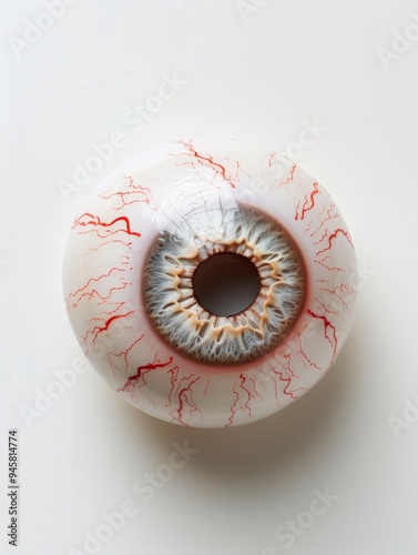 A single, realistic eyeball prop, perfect for Halloween decorations, horror movies, and special effects. Symbolizing eerie, macabre, unsettling, creepy, and horror.