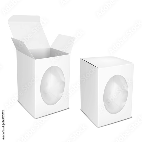 White cardboard box with clear plastic window and tuck-in flap. Open and closed. 3d mockup. Empty transparent front paperboard container packaging template. Realistic vector mock-up