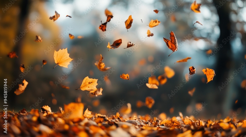 Orange autumn leaves flying from trees to the ground Orange autumn leaves flying from trees to the ground