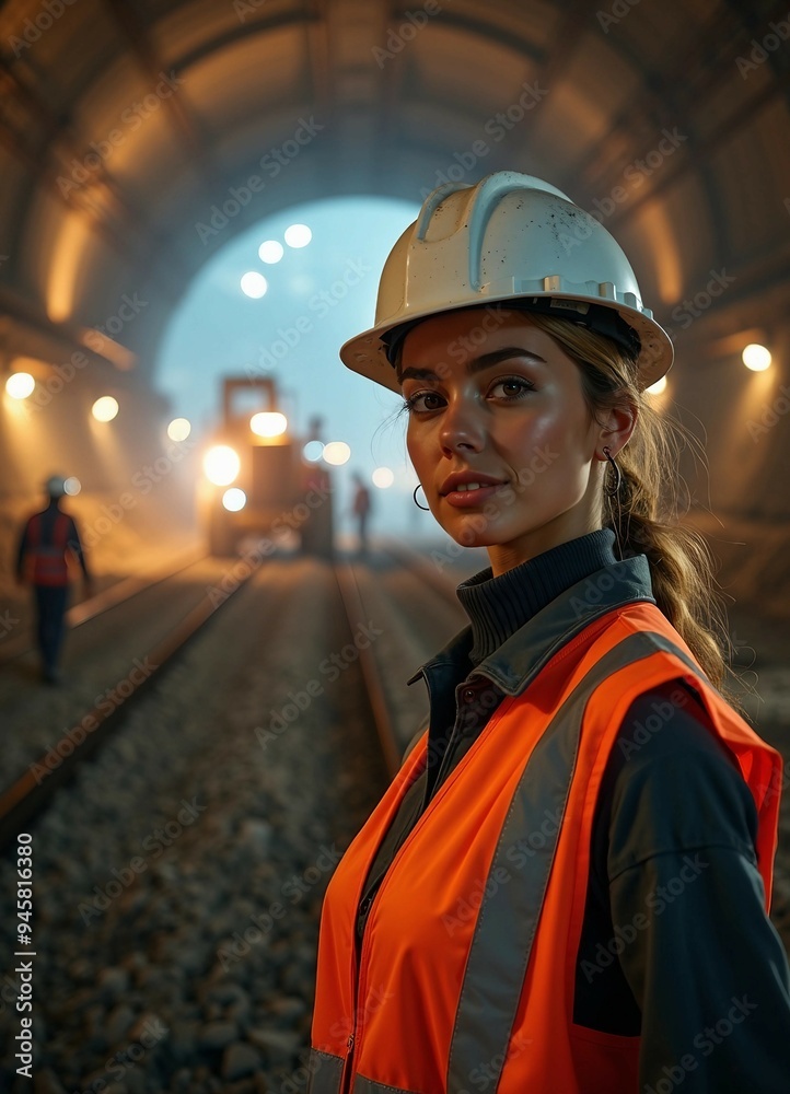 Obraz premium A young female construction engineer in a hard hat surveys an active metro tunnel, exuding confidence amid machinery.