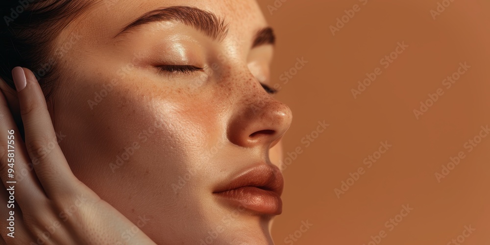 Profile of a woman in a studio showcasing beauty and skincare. Aesthetic hand on skin highlights self-care, natural radiance, or facial treatment results against a warm backdrop Profile of a woman in a studio showcasing beauty and skincare. Aesthetic hand on skin highlights self-care, natural radiance, or facial treatment results against a warm backdrop