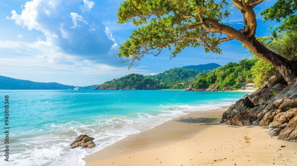 A stunning image showcasing the idyllic beauty of Phuket Island's coastline. The crystal-clear turquoise waters lap gently against the pristine white sand beach, while a lush green tree provides shade A stunning image showcasing the idyllic beauty of Phuket Island's coastline. The crystal-clear turquoise waters lap gently against the pristine white sand beach, while a lush green tree provides shade