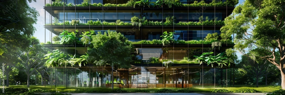 A stunning modern glass building with a green roof and lush surrounding ...