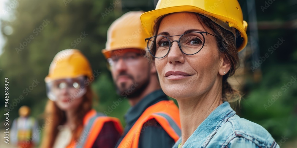 Group photo of diverse engineering professionals at a construction site, focused on project management and leadership in architecture and building industry Group photo of diverse engineering professionals at a construction site, focused on project management and leadership in architecture and building industry