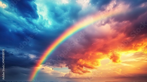 A bright rainbow arches across the sky as the storm clouds part, leaving a refreshed landscape below, ideal for a nature-inspired wallpaper. photo