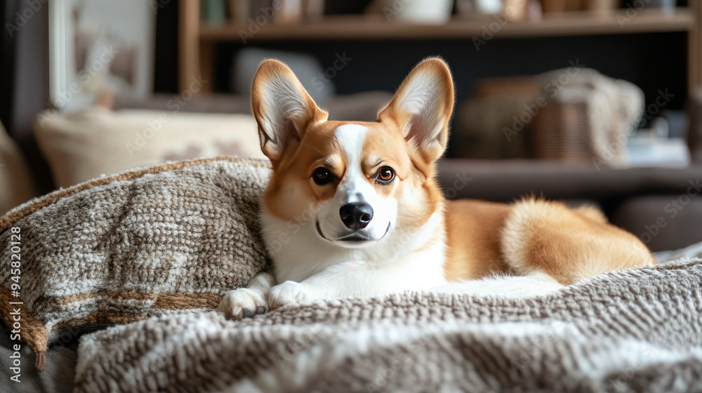 A content corgi resting on a plush bed, exuding the breed's characteristic charm and laid-back attitude, perfect for a cozy, cheerful background. A content corgi resting on a plush bed, exuding the breed's characteristic charm and laid-back attitude, perfect for a cozy, cheerful background.