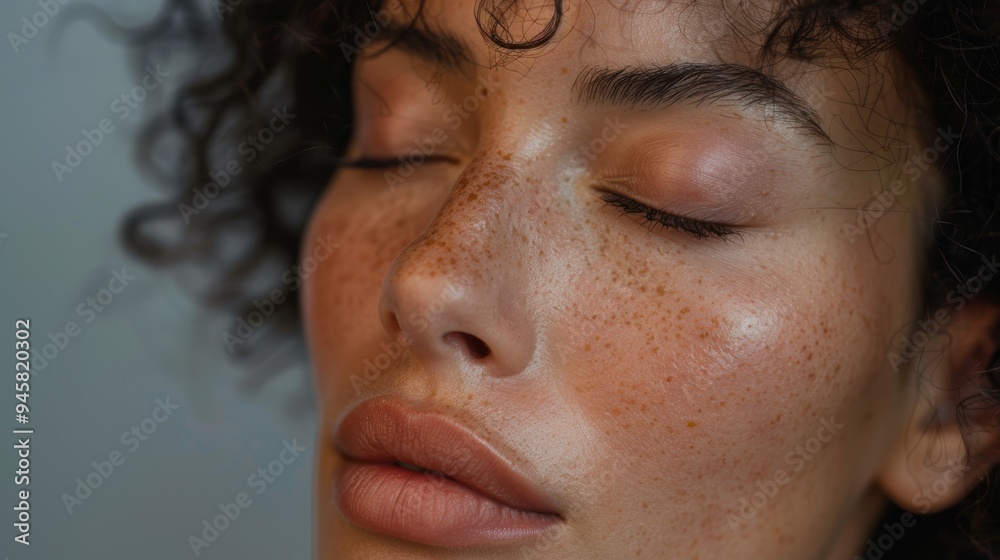 Fototapeta premium Portrait of a woman with closed eyes on a gray background, showcasing beauty and skincare. Emphasis on healthy skin and makeup aesthetics after a skincare treatment