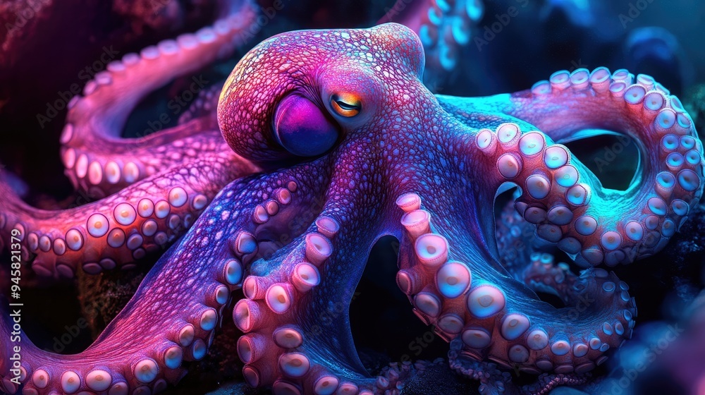Obraz premium A pink octopus with iridescent scales, its tentacles glowing with a vibrant blue light,
