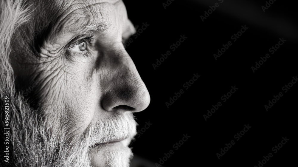 Close-up portrait of an elderly man with white beard and expressive eyes, showcasing age and wisdom against a dark background Close-up portrait of an elderly man with white beard and expressive eyes, showcasing age and wisdom against a dark background