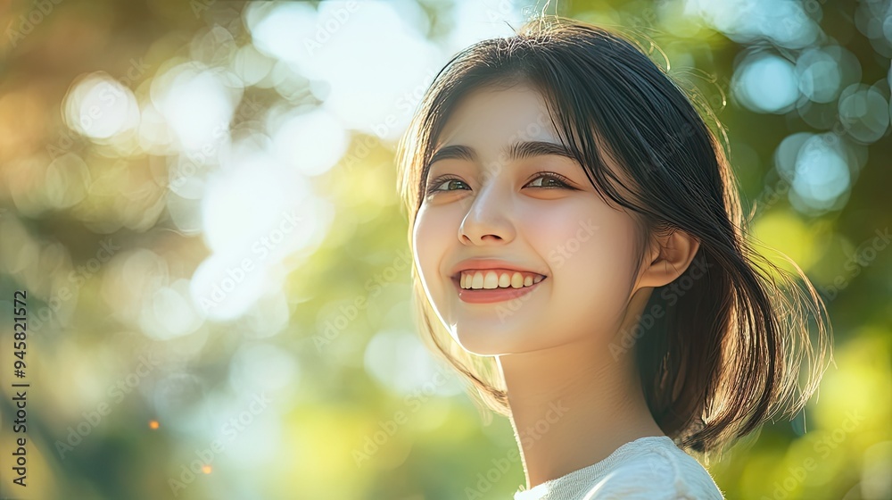 A Japanese model girl in a light, casual outfit, smiling warmly as she enjoys a sunny morning outdoors, exuding happiness and relaxation. A Japanese model girl in a light, casual outfit, smiling warmly as she enjoys a sunny morning outdoors, exuding happiness and relaxation.