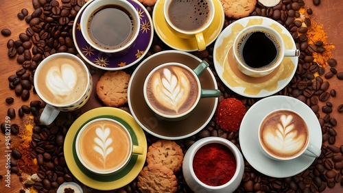 Top view of cups of coffee, coffee beans, cookies and spices on table photo