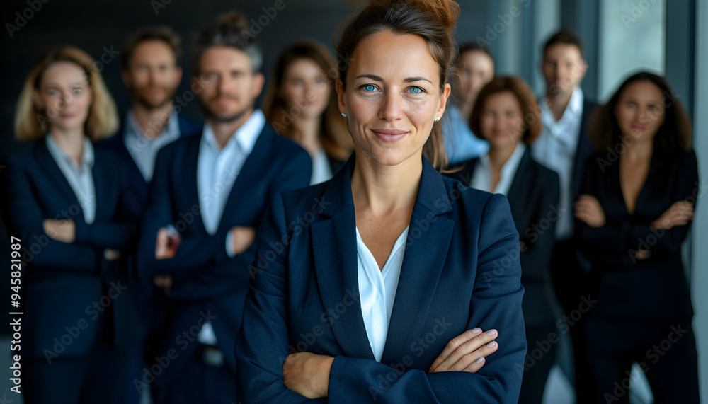 Smiling business woman leader standing in office at team meeting, business woman standing in office with work colleagues. Confident woman in formal wear stands at her workplace.. Smiling business woman leader standing in office at team meeting, business woman standing in office with work colleagues. Confident woman in formal wear stands at her workplace..