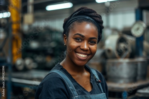 Portrait of a young female assembly line worker in factory