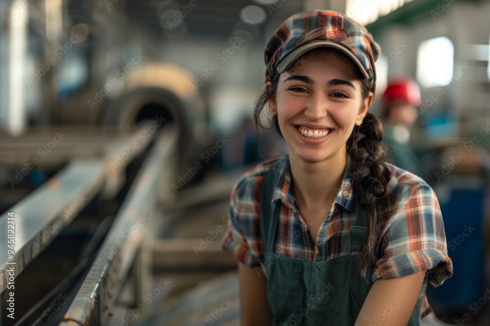 Portrait of a young female assembly line worker in factory Portrait of a young female assembly line worker in factory