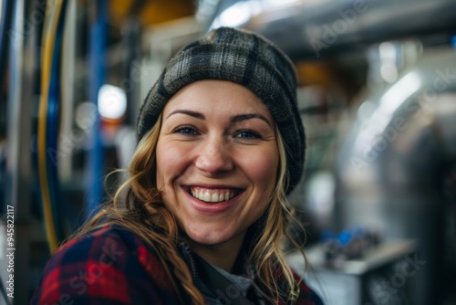 Portrait of a young female assembly line worker in factory