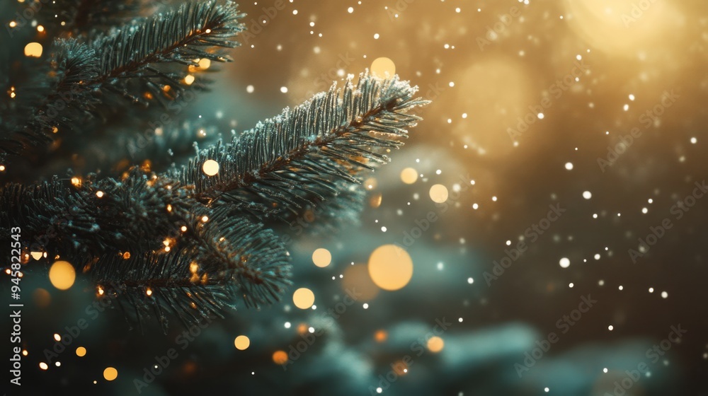 Macro view of a beautifully decorated Christmas tree with shimmering lights and snowflakes Macro view of a beautifully decorated Christmas tree with shimmering lights and snowflakes