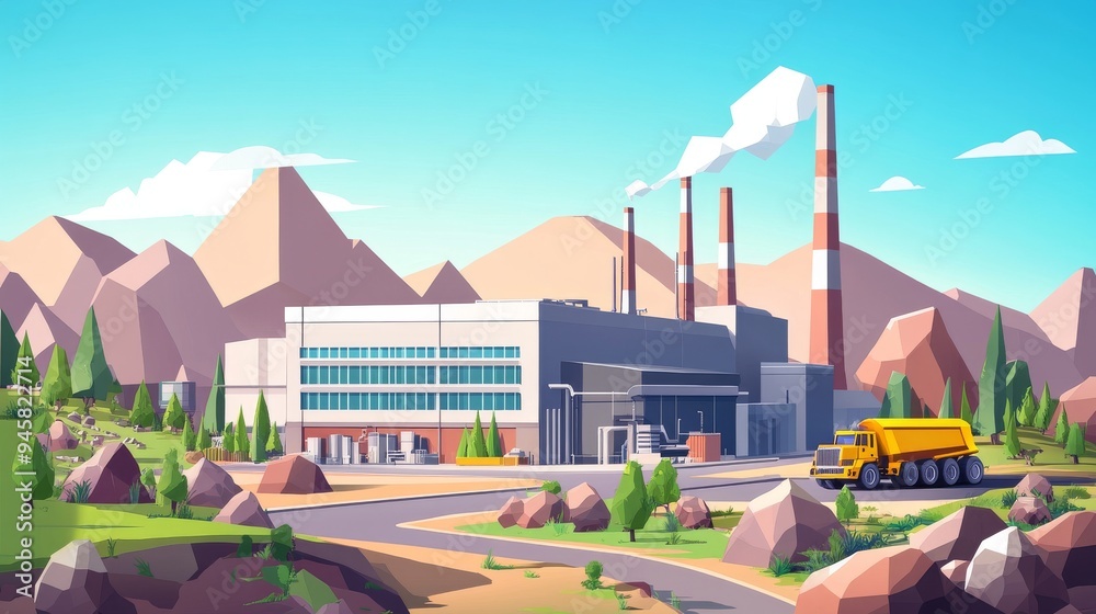 An illustration of a large industrial mining facility set against a mountainous backdrop. An illustration of a large industrial mining facility set against a mountainous backdrop.