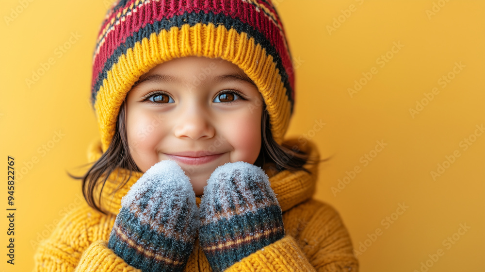 an Indigenous child in a warm hoodie and mittens on an isolated light yellow background with copy space an Indigenous child in a warm hoodie and mittens on an isolated light yellow background with copy space