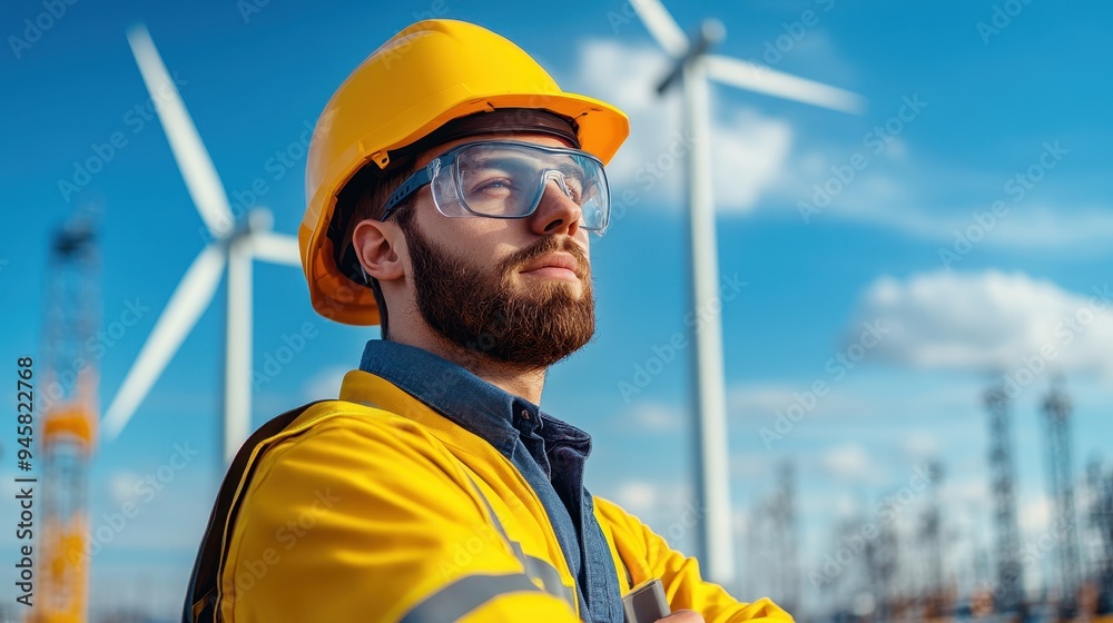 A confident worker in safety gear stands in front of wind turbines, symbolizing renewable energy and commitment to sustainability. A confident worker in safety gear stands in front of wind turbines, symbolizing renewable energy and commitment to sustainability.