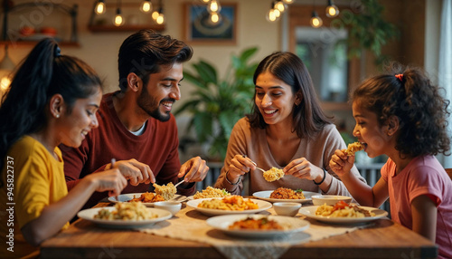 Indian young Family of four eating food at dining table at home or in restaurant. South Asian mother, father and two daughters having meal together