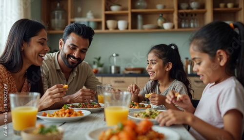Indian young Family of four eating food at dining table at home or in restaurant. South Asian mother, father and two daughters having meal together
