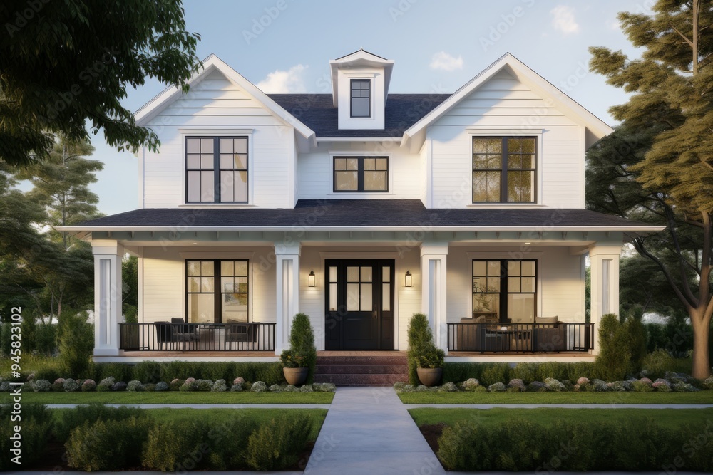 Modern farmhouse exterior with front porch and evening lighting Modern farmhouse exterior with front porch and evening lighting