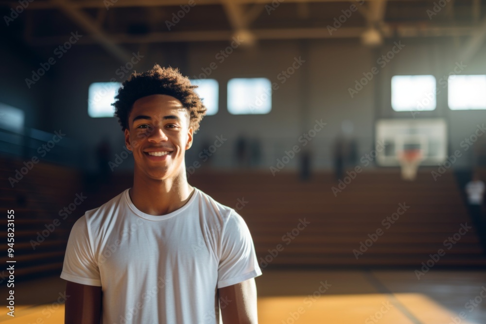 Fototapeta premium Portrait of a smiling male African American teenager in basketball gym