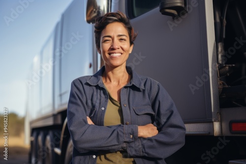 Portrait of a middle aged body positive Hispanic truck driver