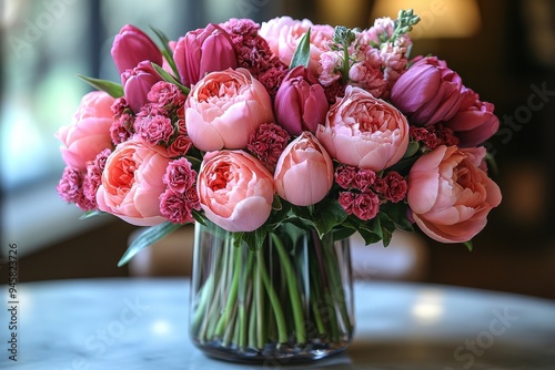Fototapeta Naklejka Na Ścianę i Meble -  A hot pink floral arrangement with roses, peonies, and tulips, set in an elegant glass vase. Generative AI