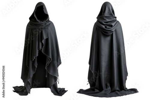 Fashionable autumn poncho, black, showing front and back, on a white background