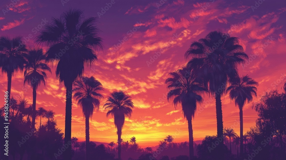 A serene view of palm trees at sunset, with the sky ablaze in fiery colors, creating a peaceful and picturesque scene. A serene view of palm trees at sunset, with the sky ablaze in fiery colors, creating a peaceful and picturesque scene.