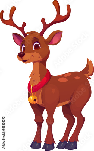 Cartoon Christmas Santa reindeer character with antlers and a bell around its neck. Vector cute deer holiday animal personage exudes cheer and festive spirit. Funny elk with large horns and red collar