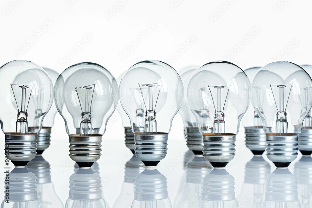 Transparent bulbs arranged in a row on a reflective surface Transparent bulbs arranged in a row on a reflective surface