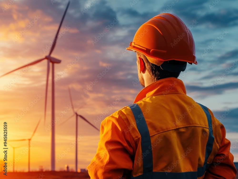 A worker observes a breathtaking sunset behind wind turbines, showcasing renewable energy and safety in the workplace. A worker observes a breathtaking sunset behind wind turbines, showcasing renewable energy and safety in the workplace.