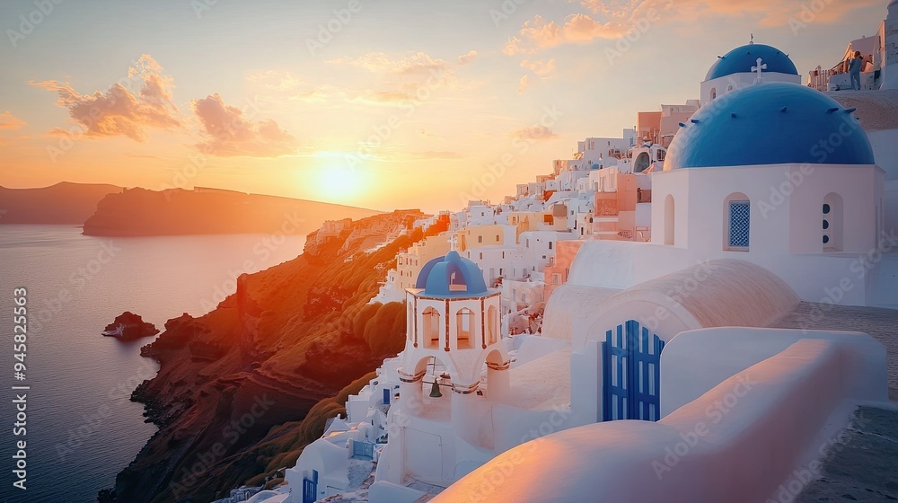 Obraz premium A stunning view of Santorini white architecture and blue domes, set against a backdrop of a vivid sunset, capturing the island's unique beauty.