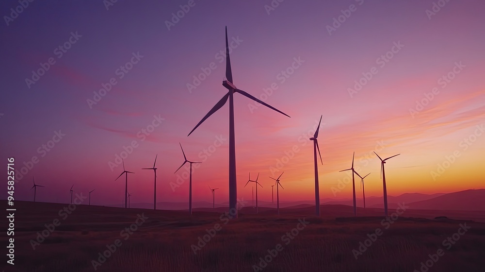 Obraz premium A tranquil scene of wind turbines at sunset, with the sky transitioning from warm orange to deep purple, capturing the beauty of renewable energy.