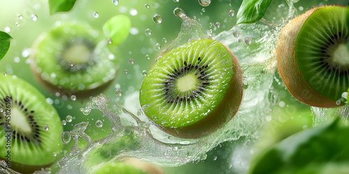 Sliced kiwi in water splash. Summer fruit background with kiwi and green leaves. photo