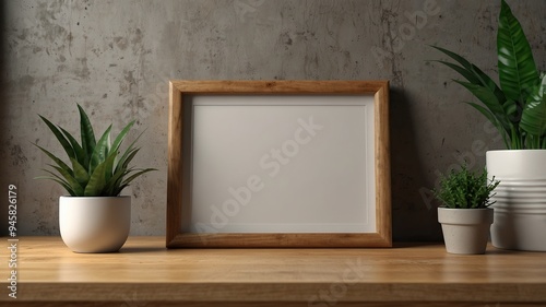 A mockup of a blank photo frame sitting on a wood table