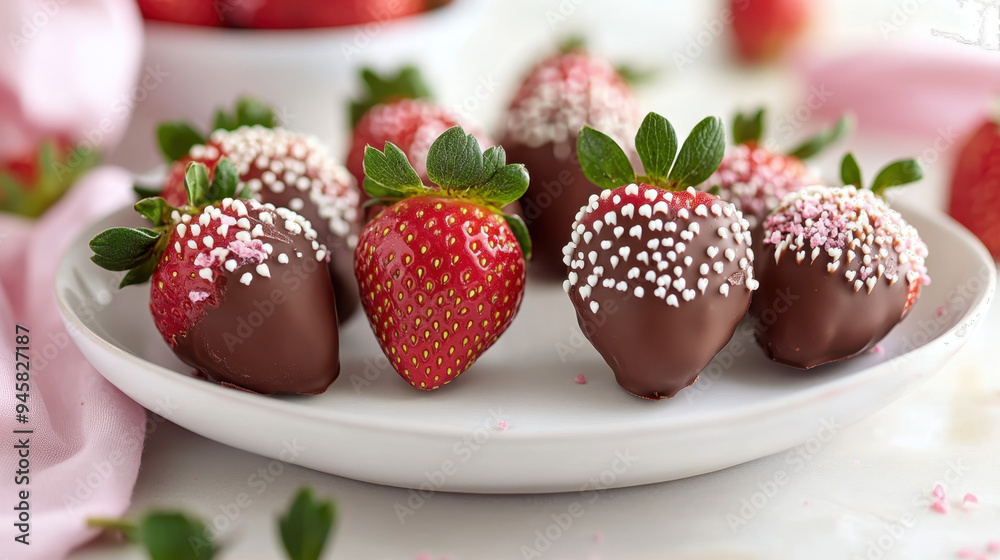 Fresh strawberries coated in rich chocolate with colorful sprinkles, arranged artistically on a white plate with a pink cloth backdrop Fresh strawberries coated in rich chocolate with colorful sprinkles, arranged artistically on a white plate with a pink cloth backdrop