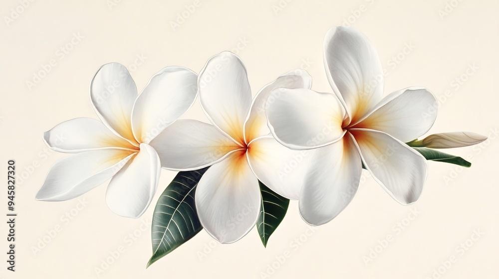 Three White Plumeria Flowers with Green Leaves Three White Plumeria Flowers with Green Leaves