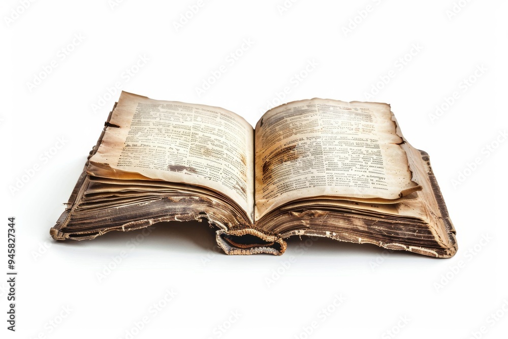 Antique book with frayed pages lies open on a white surface Antique book with frayed pages lies open on a white surface