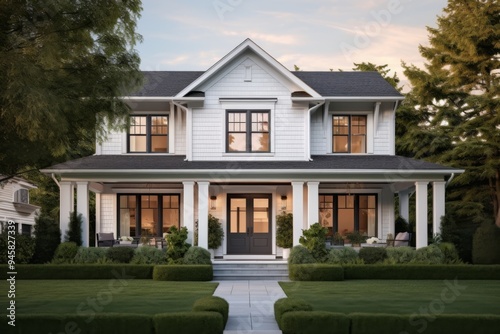 Modern farmhouse exterior with front porch and evening lighting