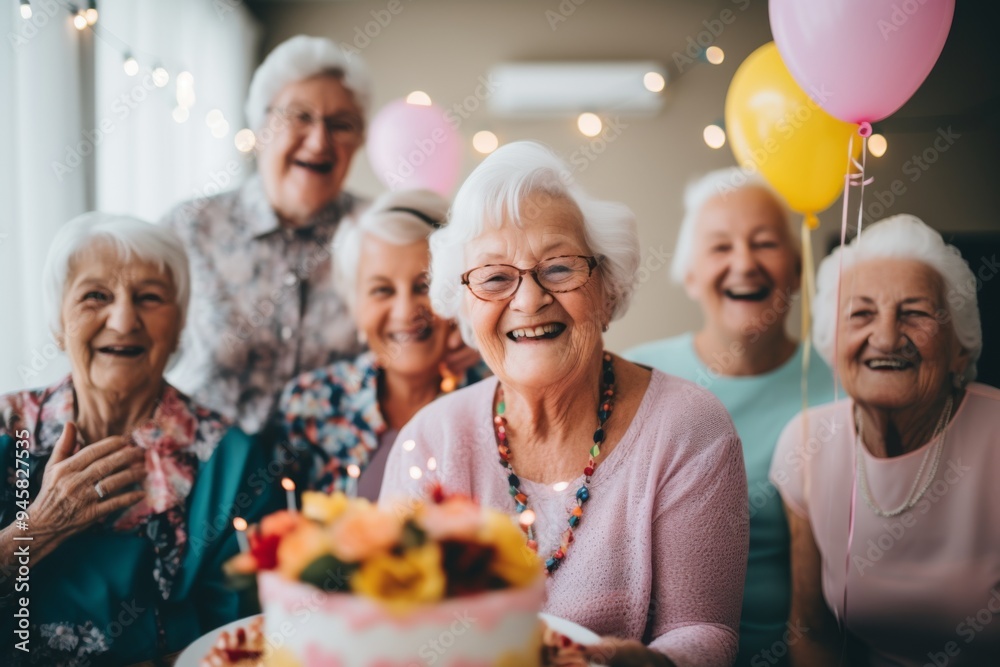 Portrait of smiling diverse seniors celebrating birthday in nursing home Portrait of smiling diverse seniors celebrating birthday in nursing home