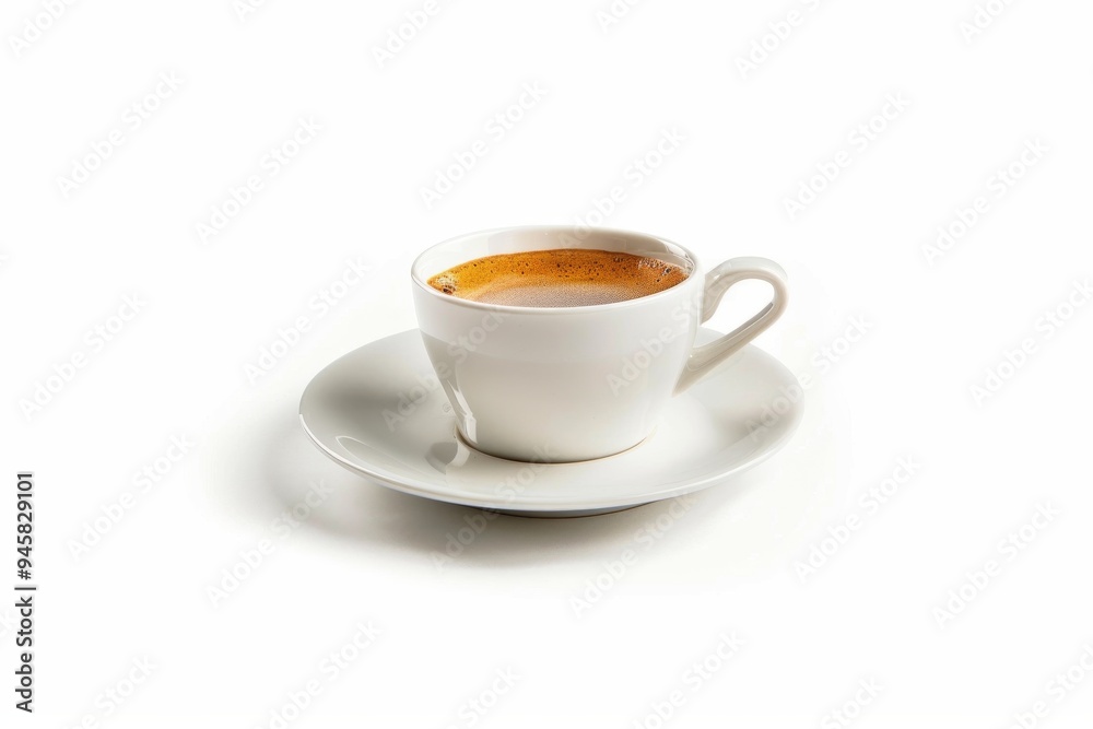Freshly brewed espresso served in a white cup on a saucer Freshly brewed espresso served in a white cup on a saucer