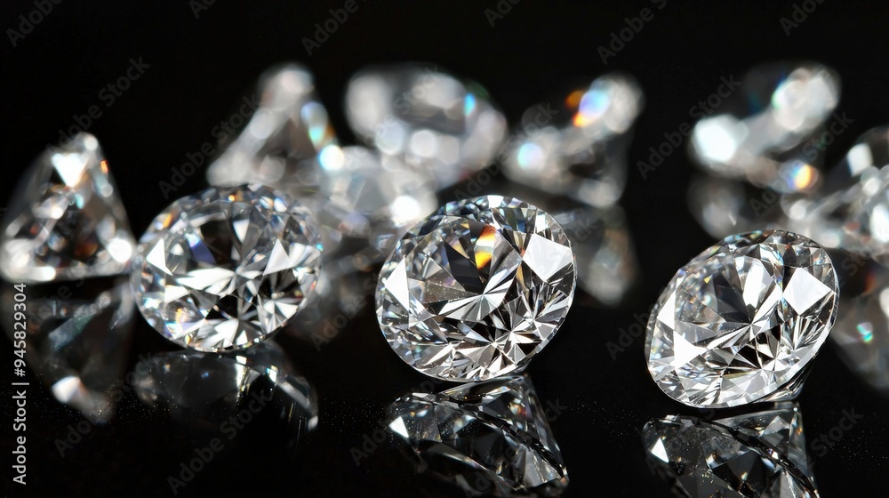 Close-up of Sparkling Diamonds on a Black Reflective Surface, Luxurious and Elegant Gems, Jewelery Photography, Bright and Shiny Diamonds Close-up of Sparkling Diamonds on a Black Reflective Surface, Luxurious and Elegant Gems, Jewelery Photography, Bright and Shiny Diamonds