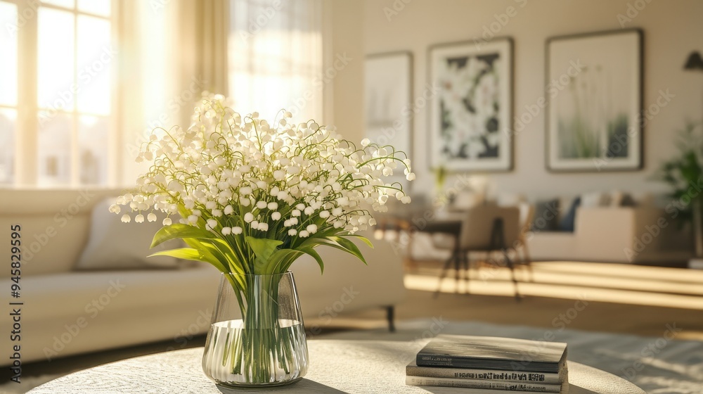 Beautiful living room featuring a vase of fresh Lily of the Valley blooms, enhancing the decor. Beautiful living room featuring a vase of fresh Lily of the Valley blooms, enhancing the decor.