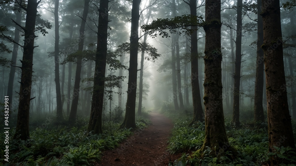 Obraz premium A quiet forest shrouded in mist, with occasional beams of sunlight piercing through the canopy.
