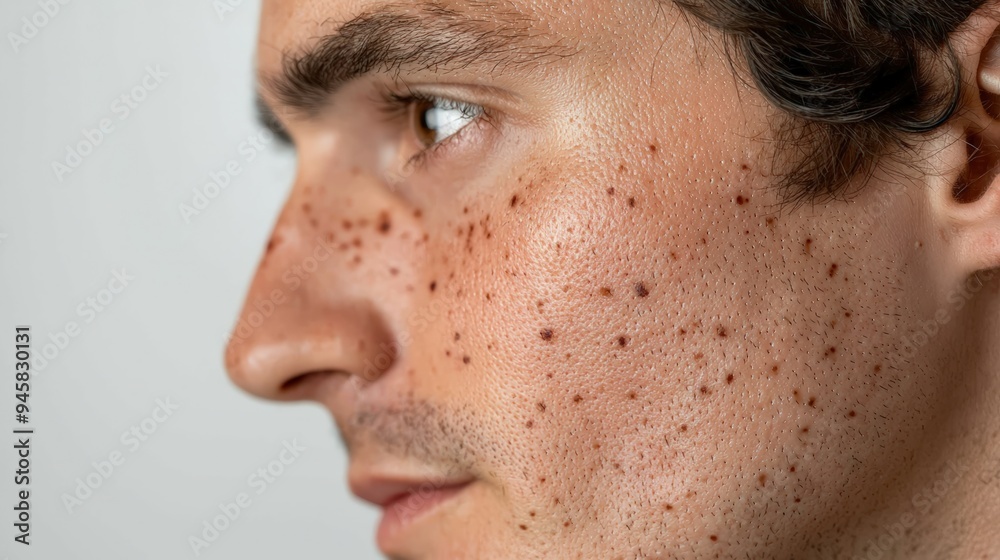 Obraz premium Closeup of Man's Face with Birthmarks Against a Grey Background, Showing Skin Texture and Details of Freckles and Facial Hair